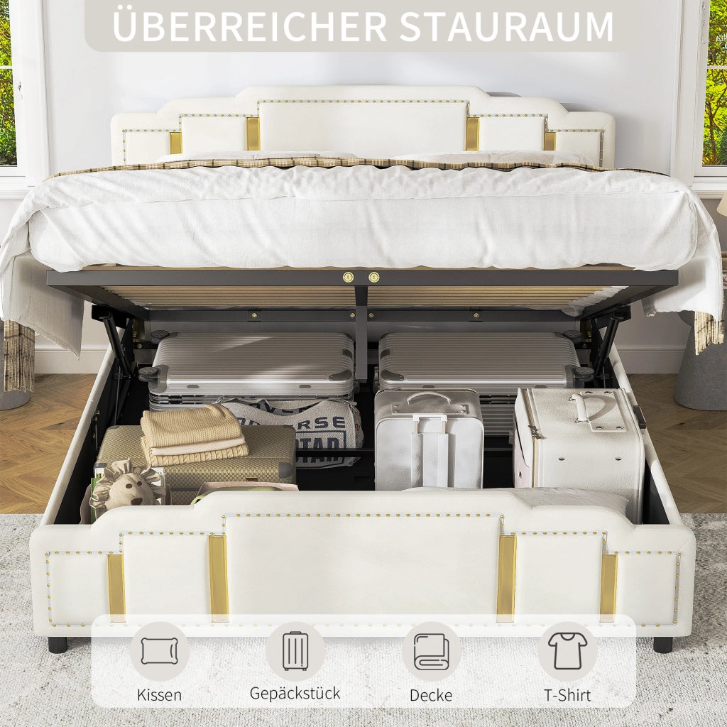 Letto imbottito idraulico 140x200 cm in velluto beige