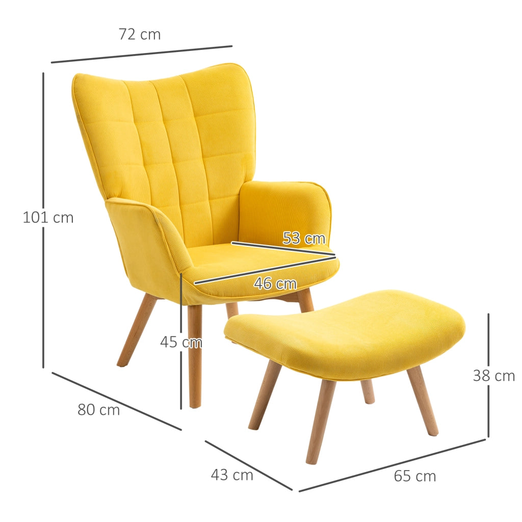 Poltrona relax gialla con ottomana e gambe in legno