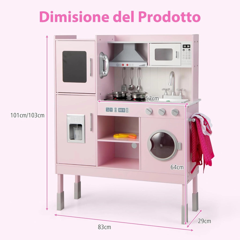 Cucina Giocattolo per Bambini, Cucina Legno per Bambini con Macchina del Ghiaccio, Telefono, Lavatrice, Microonde, Altezza Regolabile, Funzione Luci e Suoni, per Bambini 3+ Anni