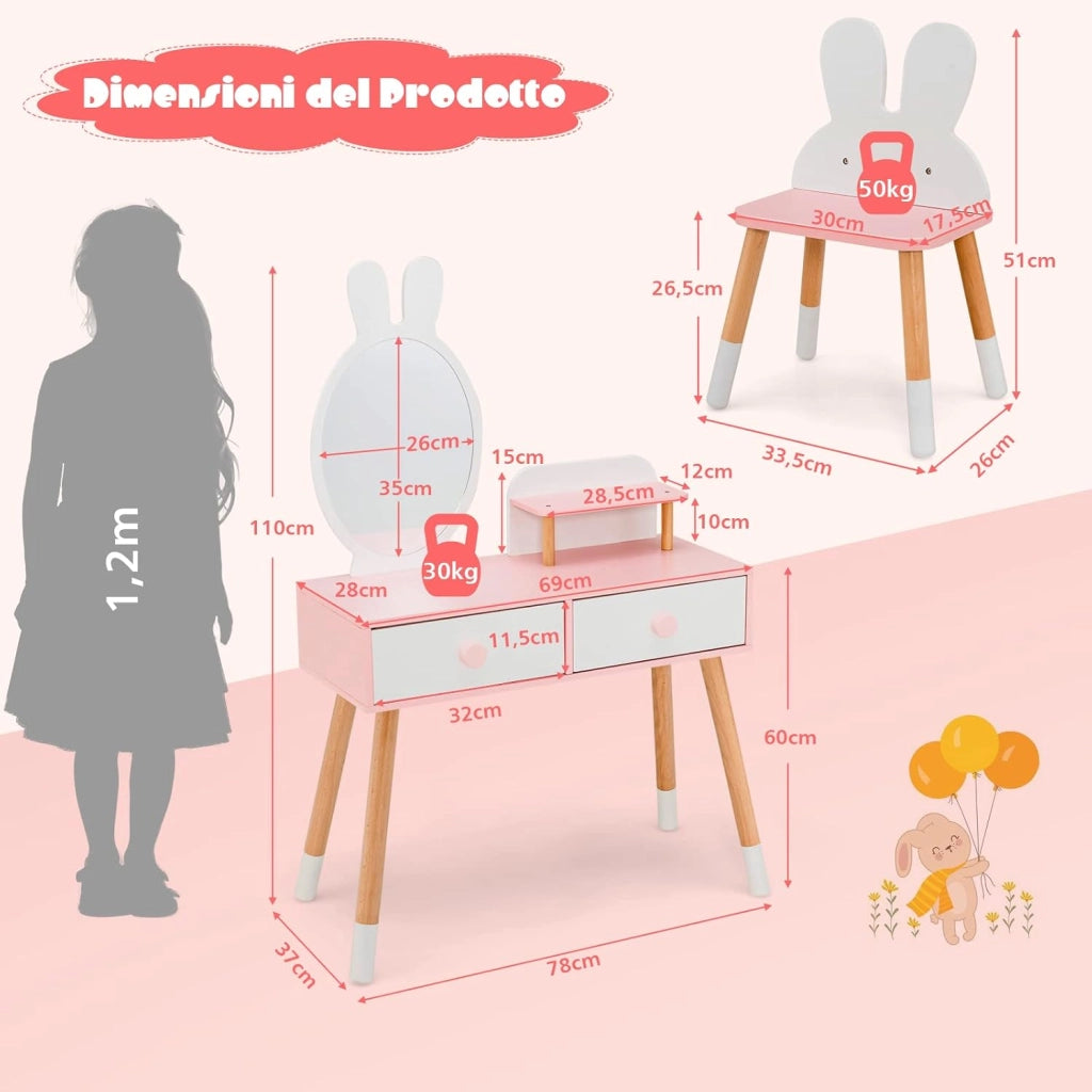 Toeletta Trucco 2 in 1 per Bambina a Forma di Coniglio, Bianco
Specchiera Staccabile per Ragazza in Legno con Sgabello, Ripiano e 2 Cassetti, Postazione Trucco, 78 x 37 x 110cm