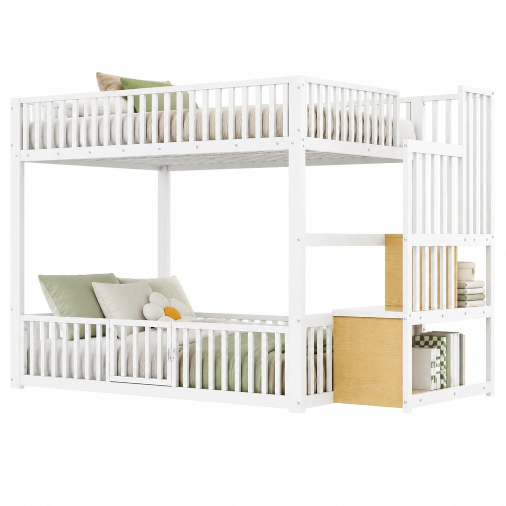 Letto a castello basso 140x200 cm in metallo e MDF bianco con scala contenitore