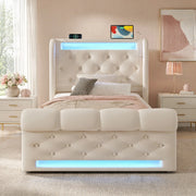 Letto imbottito con contenitore 90x200 cm in velluto beige, LED integrato e prese USB Type-C