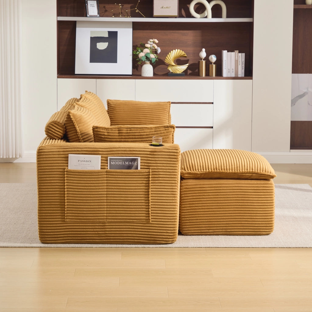 Divano modulare con pouf cuscini e tasche laterali in velluto a coste arancione 256 × 161 × 75 cm