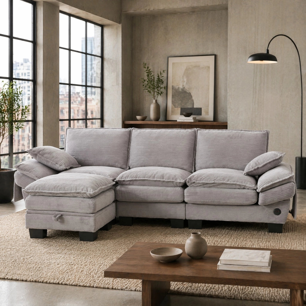 Divano modulare 3 posti con pouf; velluto a coste; USB-C; grigio chiaro