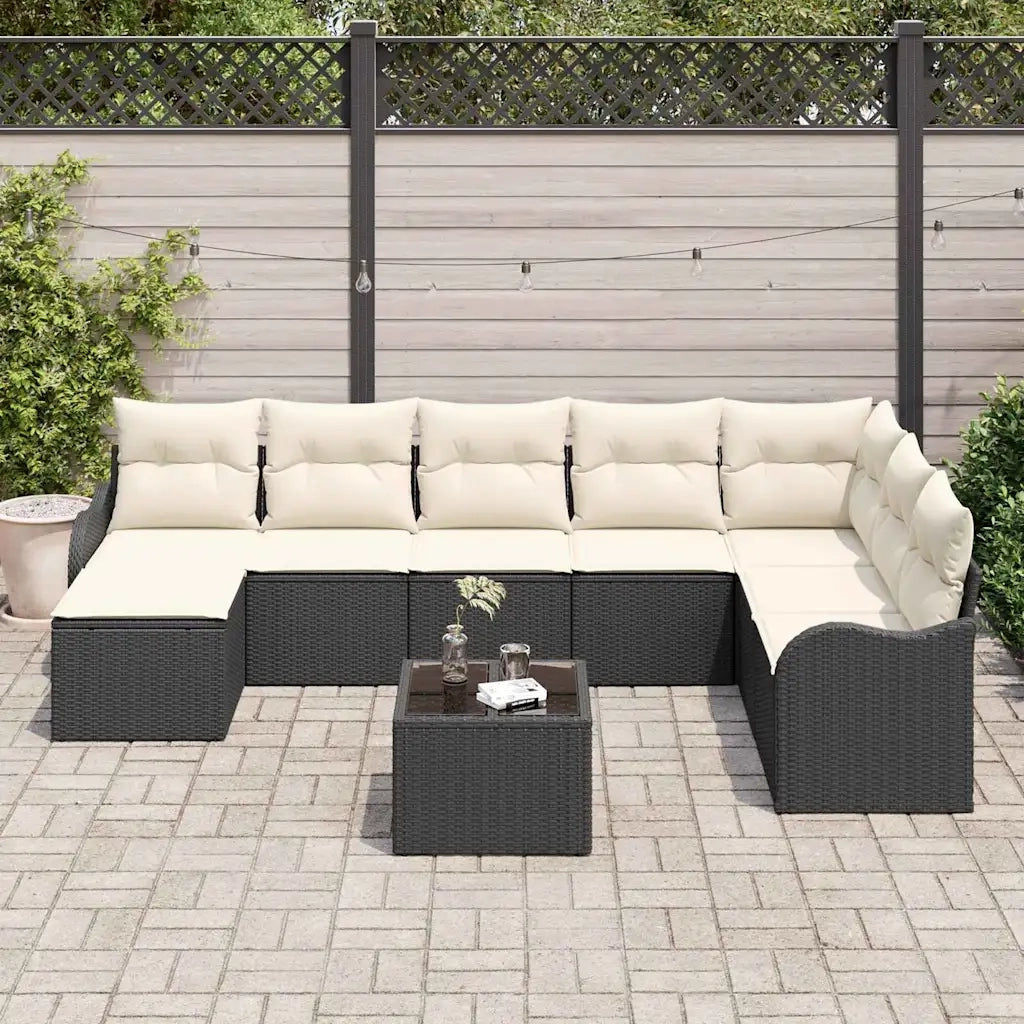Set Divano da Giardino 9 pcs Nero e bianco Poly Rattan