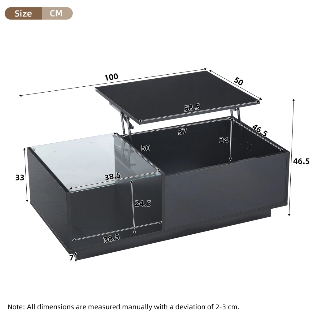 Tavolino da Caffè Alzabile con LED; Vano Nascosto e 2 Cassetti per Soggiorno in Truciolare Nero 100×50×33 cm