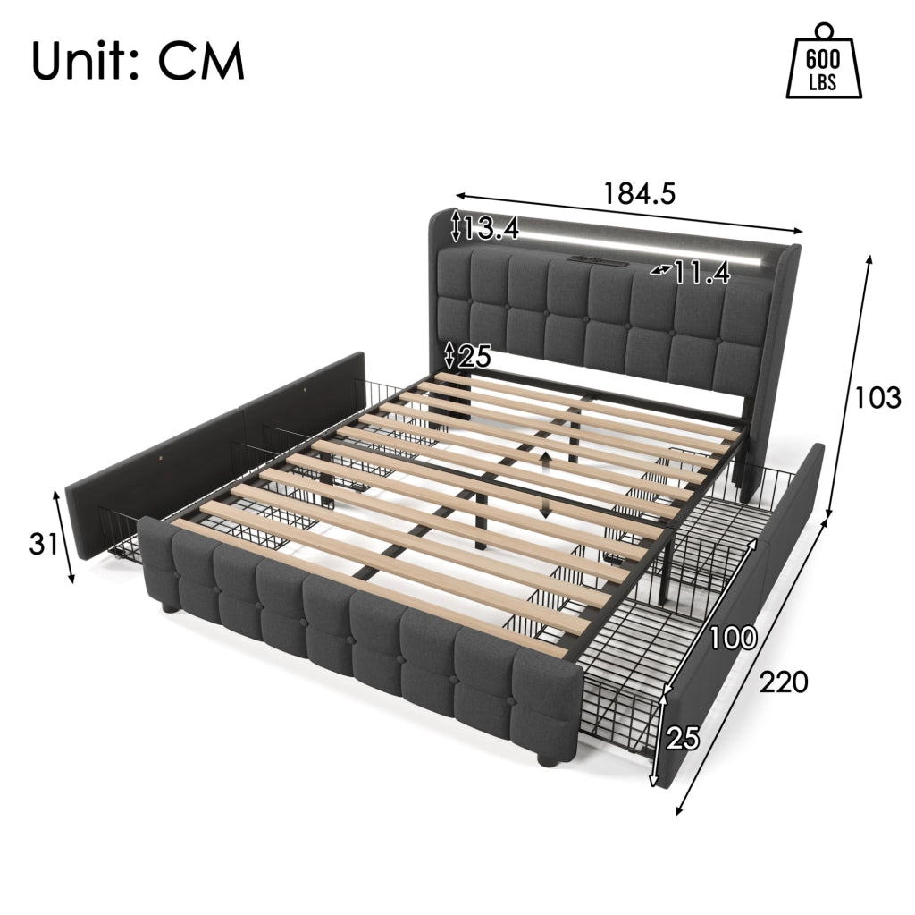 Letto 180x200 cm con LED, prese USB e 4 cassetti in lino grigio