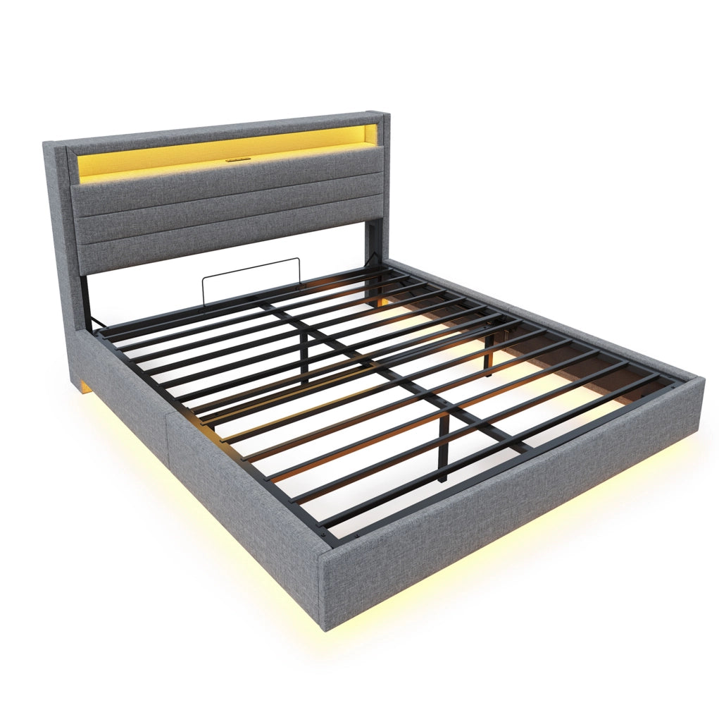 Letto imbottito 140x200 cm con contenitore idraulico, USB e LED in lino grigio