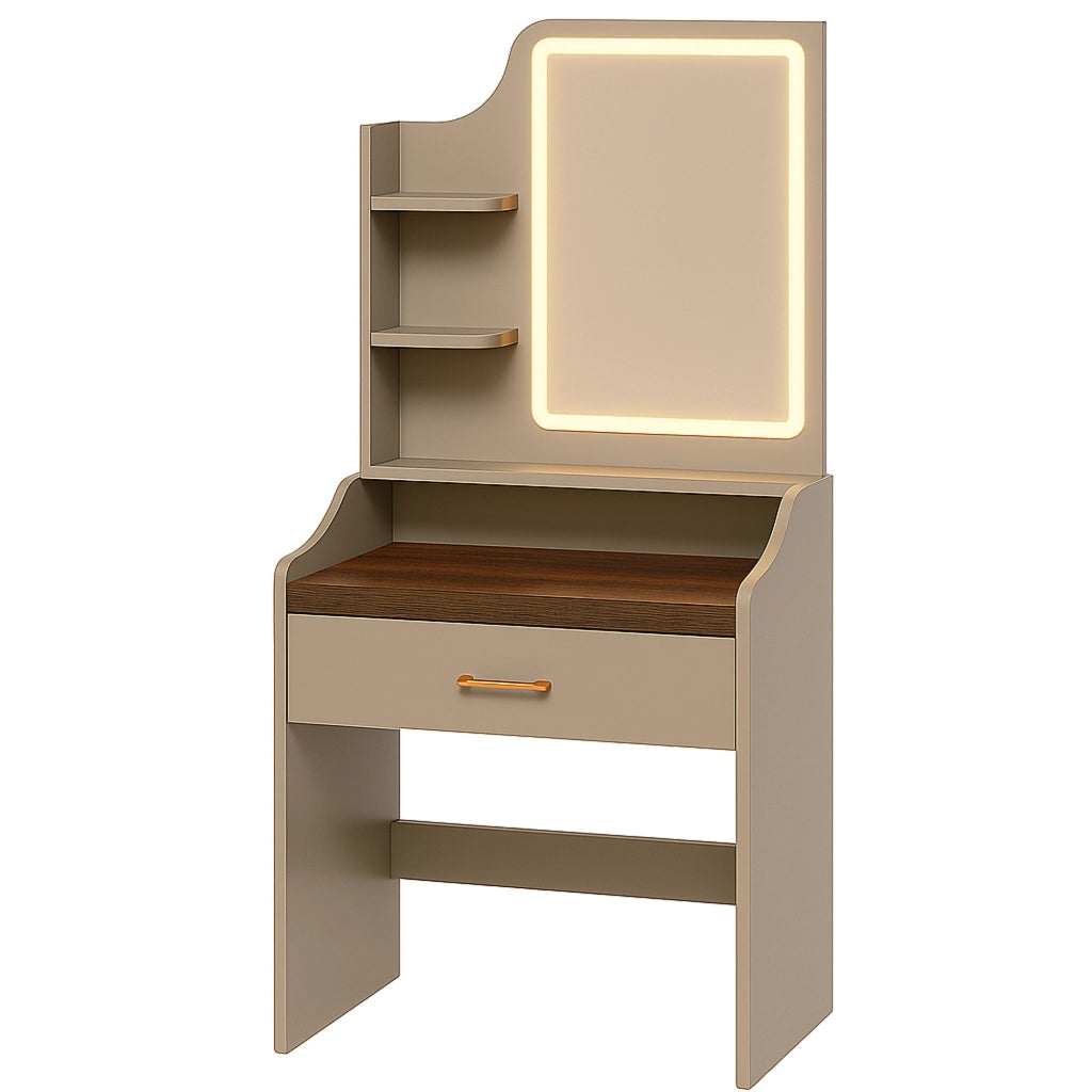 Afrodite - Toeletta Trucco con Luce LED Cassetto 3 Ripiani e Prese Postazione Make Up in Legno Tortora