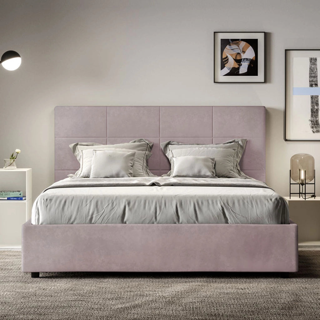 BS COM Letto queen size con rete imbottito 150x200 microfibra glicine