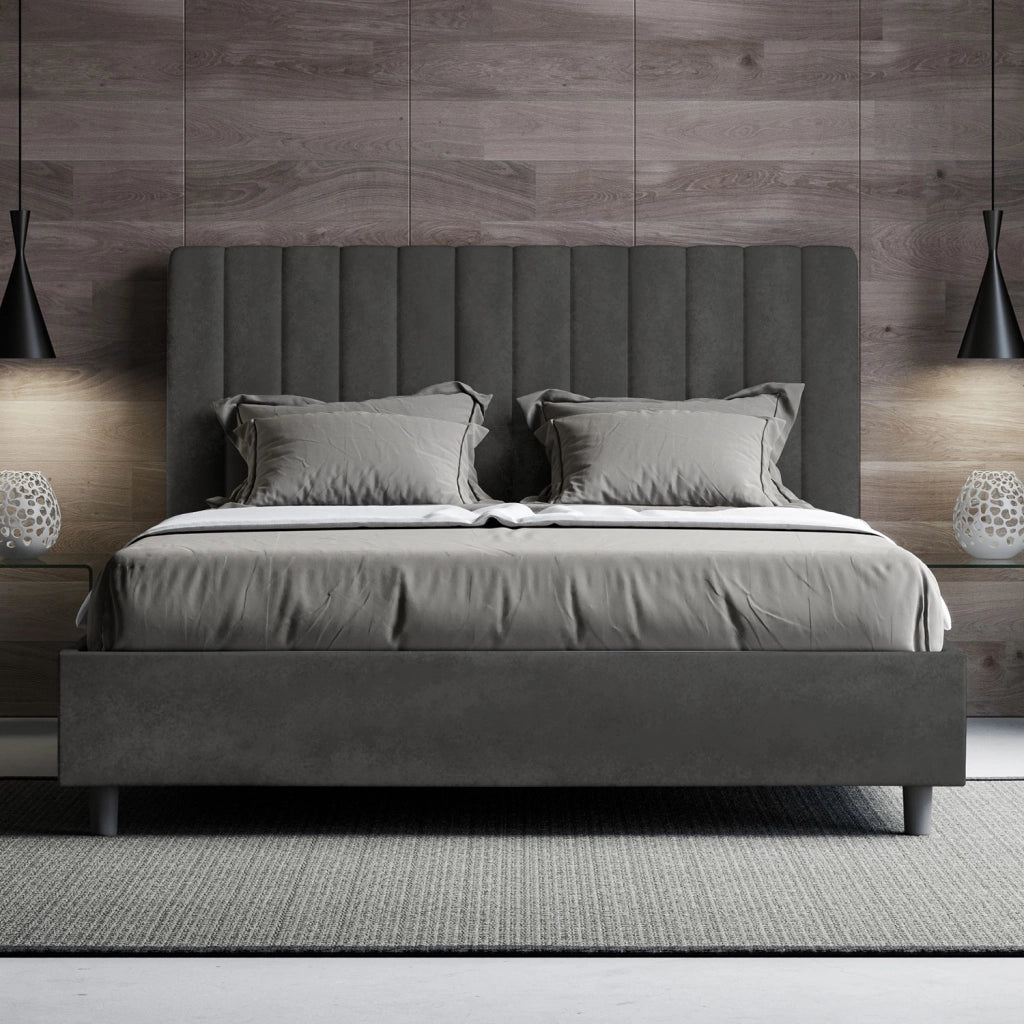 BS COM Letto una piazza e mezza con rete imbottito 130x190 microfibra grigio