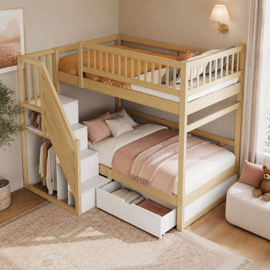 Letto a castello 90x200 cm in legno massello con scala contenitore e cassetti
