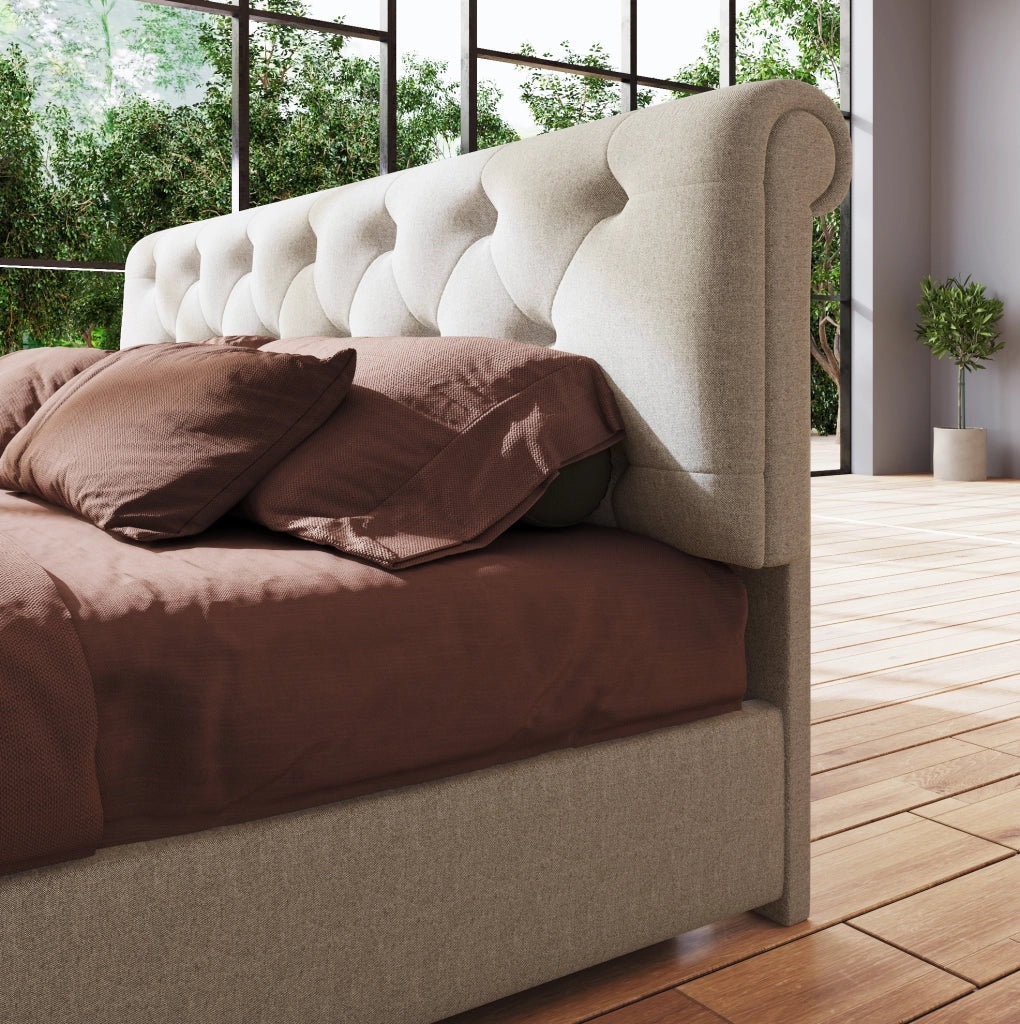 Letto matrimoniale con contenitore 140x200 cm con testiera regolabile e rete in metallo, struttura in legno e lino colore naturale, senza materasso