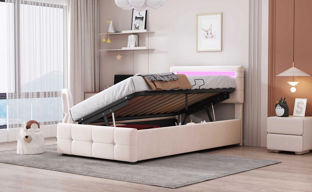 Letto contenitore 90x200 cm con LED e testiera regolabile; in velluto; beige