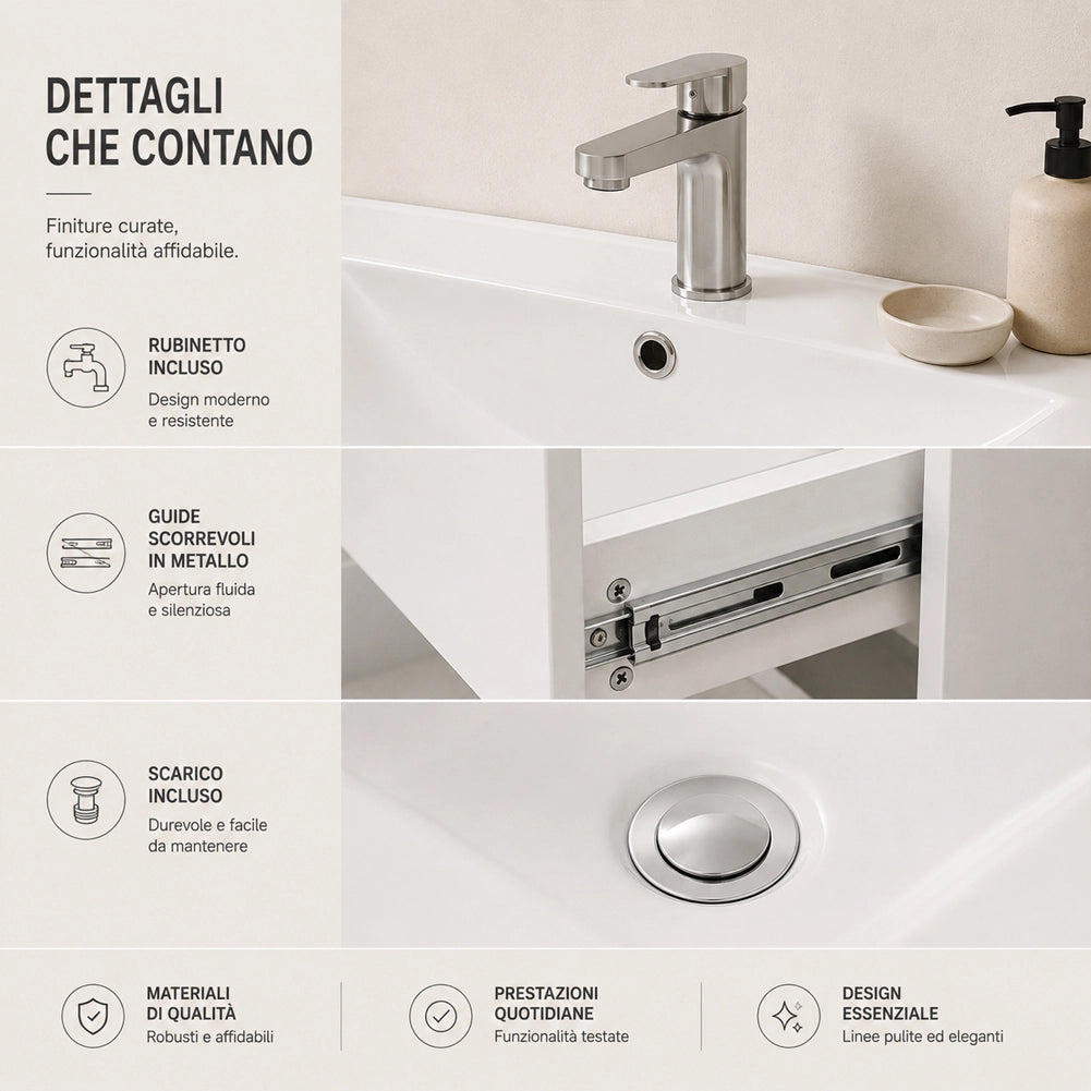 Mobile da Bagno Sospeso con Specchio e 2 Cassetti Otranto Larghezza 90cm Bianco