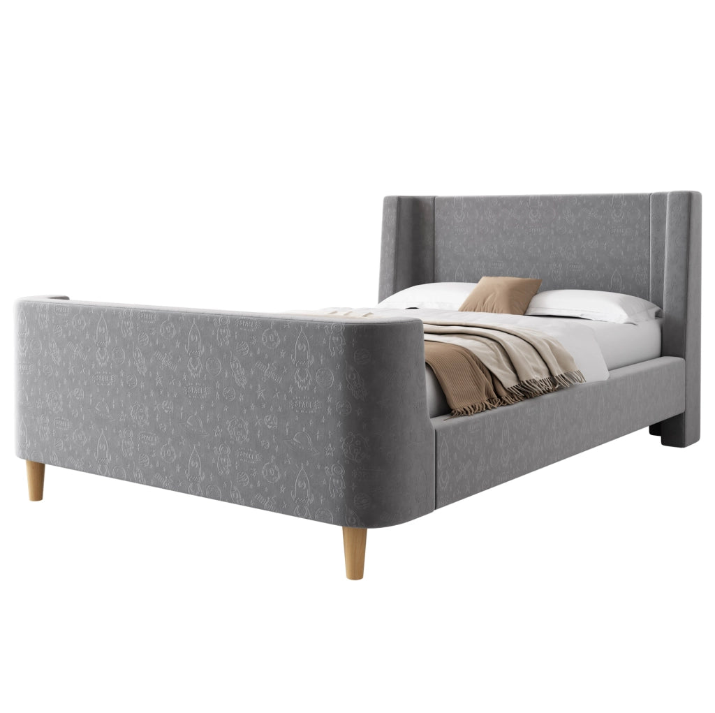 Letto singolo per bambini 90x200 cm in velluto grigio con struttura in metallo e legno massello, design a slitta con motivo spaziale