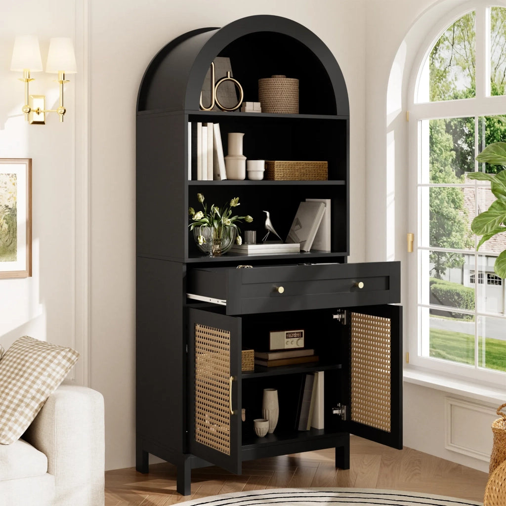 Vetrina moderna ad arco 70x40x170 cm, nero e legno, ante in rattan, 3 ripiani espositivi, 2 ante, 1 cassetto, per soggiorno e ingresso