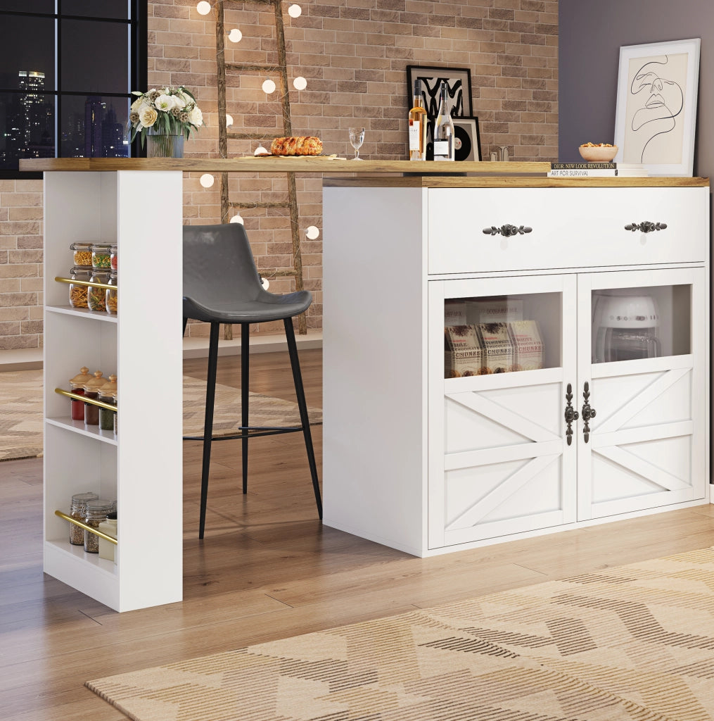 Tavolo bar allungabile girevole 360° con spazio contenitivo, 138-204 x 39 x 104 cm, bianco