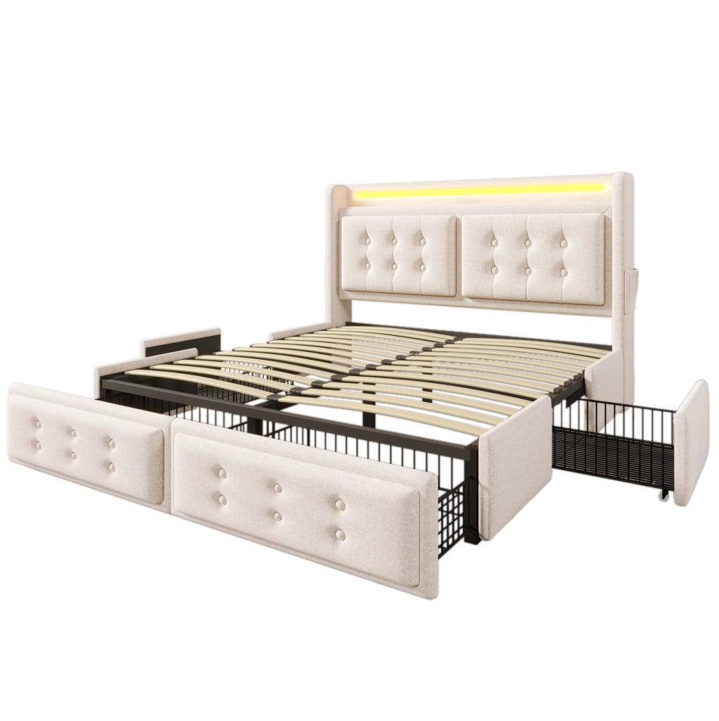 Letto 180x200 cm con LED, USB-C, 4 cassetti e rivestimento beige in cotone-lino