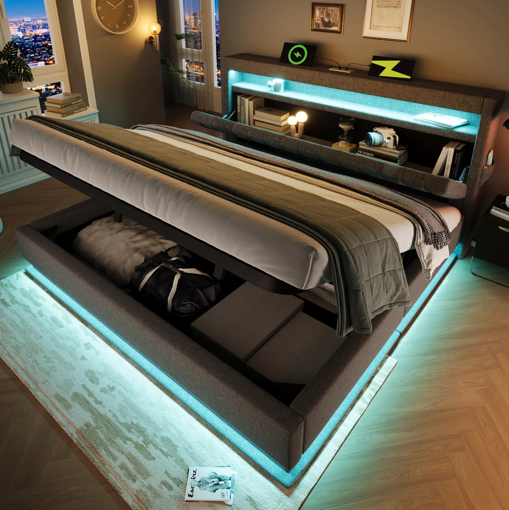 Letto contenitore 140 × 190 cm con LED; USB e USB-C; lino grigio