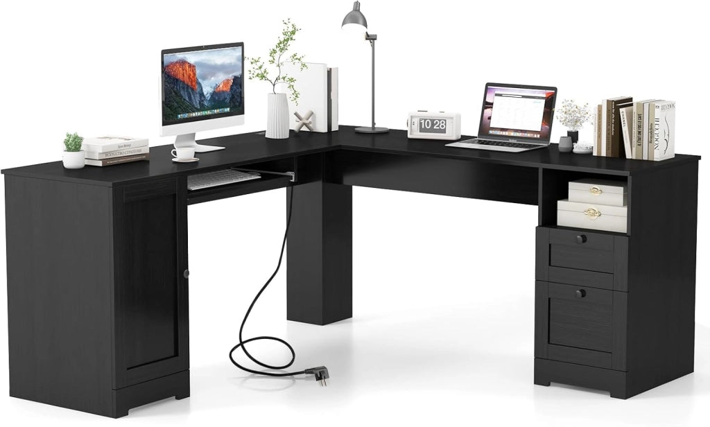 Scrivania Angolare con Prese di Corrente, Scrivania ad Angolo Moderna con 2 Cassetti, Armadio, Mensola Regolabile e Vassoio per Tastiera, Ideale per Gaming, Lavoro e Scrittura (Nero)