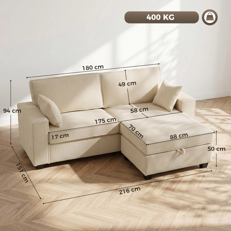 Divano angolare modulare 3 posti con contenitore e cuscini in cord beige
