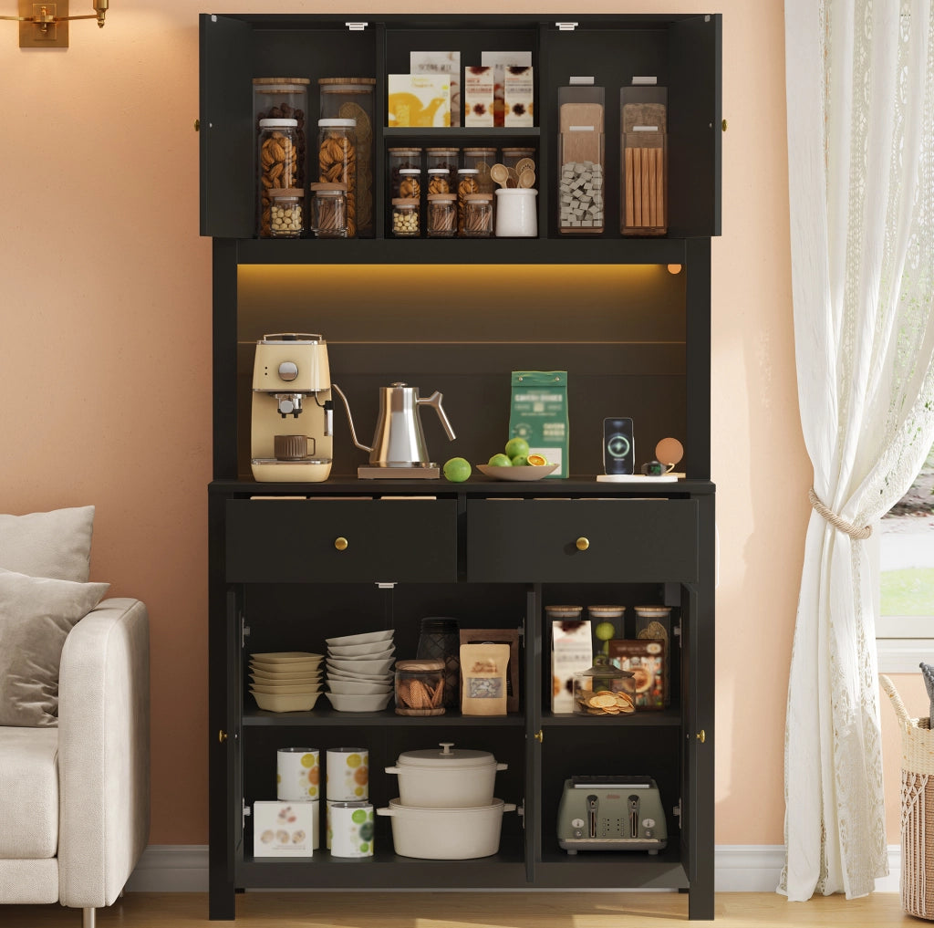 Credenza alta nera con LED RGB, prese USB e 2 cassetti