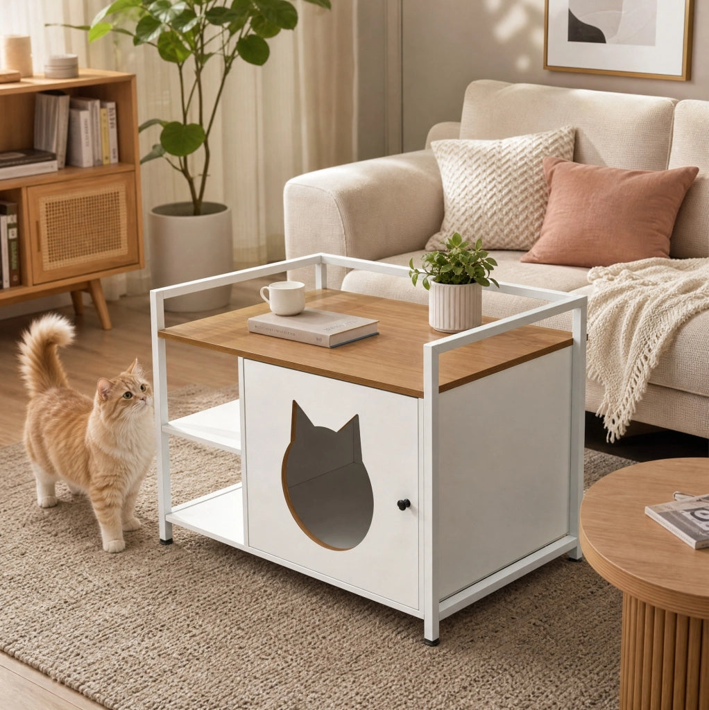 Mobile per gatti con 2 ripiani aperti in MDF e metallo bianco e rovere chiaro