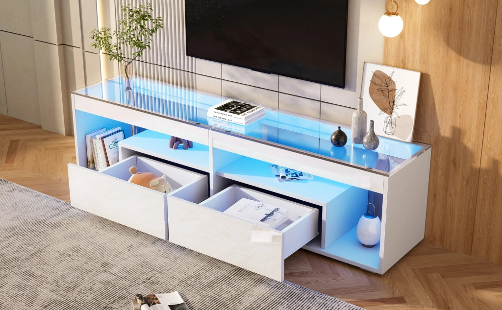 Mobile TV con LED ¨C Minimal ¨C Bianco lucido, 2 cassetti, adatto per TV fino a 70 pollici, per soggiorno e camera