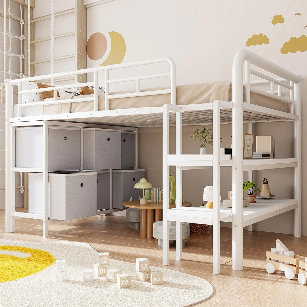 Letto a Soppalco per Bambini con Cassetti e Scaffali ¨C MINIMAL ¨C Metallo Bianco 90x200
