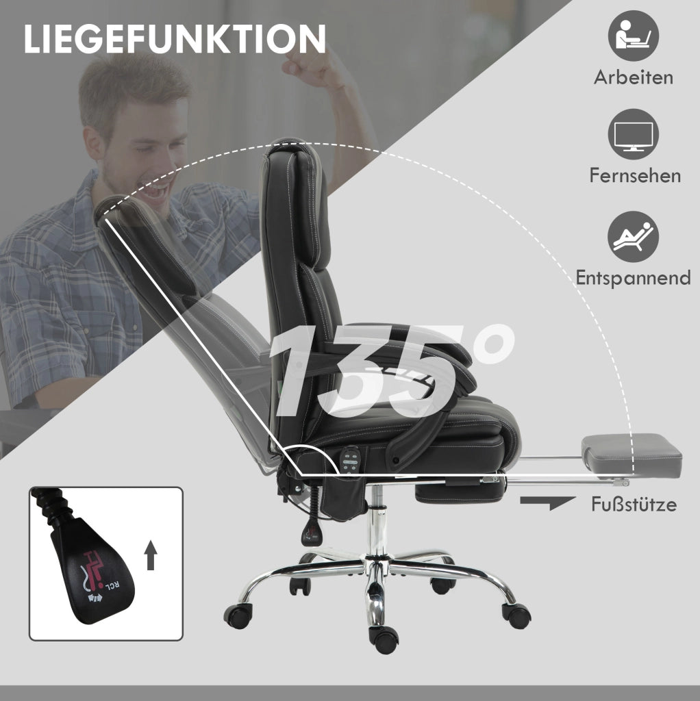 Sedia da ufficio ergonomica con funzione massaggio e riscaldamento, schienale reclinabile, poggiapiedi, rivestimento in similpelle nero