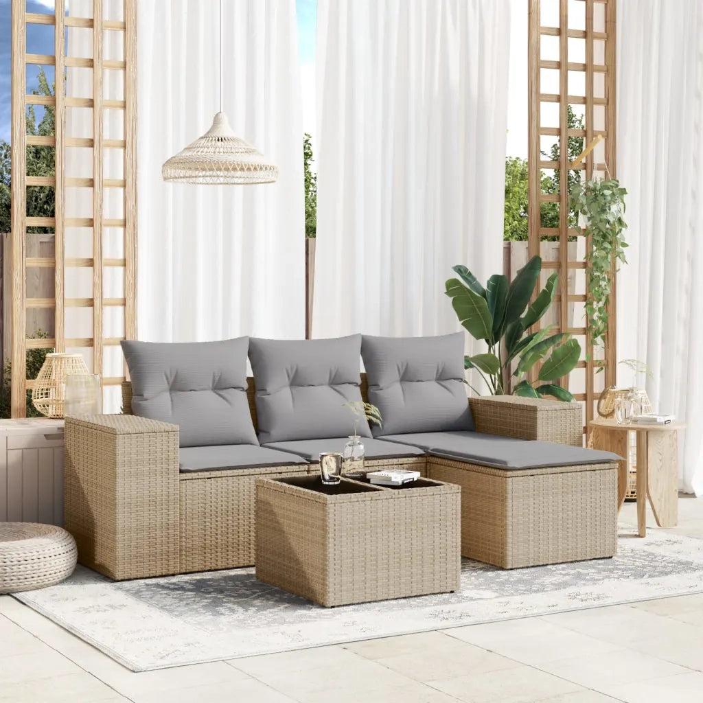Set Divano da Giardino 5 pz | Set Salotto da Giardino con Cuscini Beige in Polyrattan