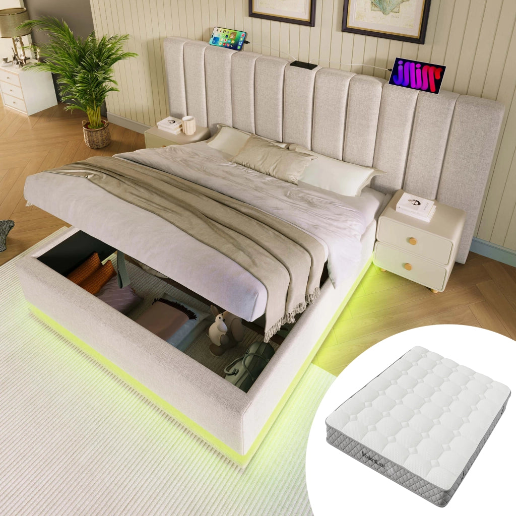 Letto matrimoniale contenitore beige 180 × 200 cm con materasso
