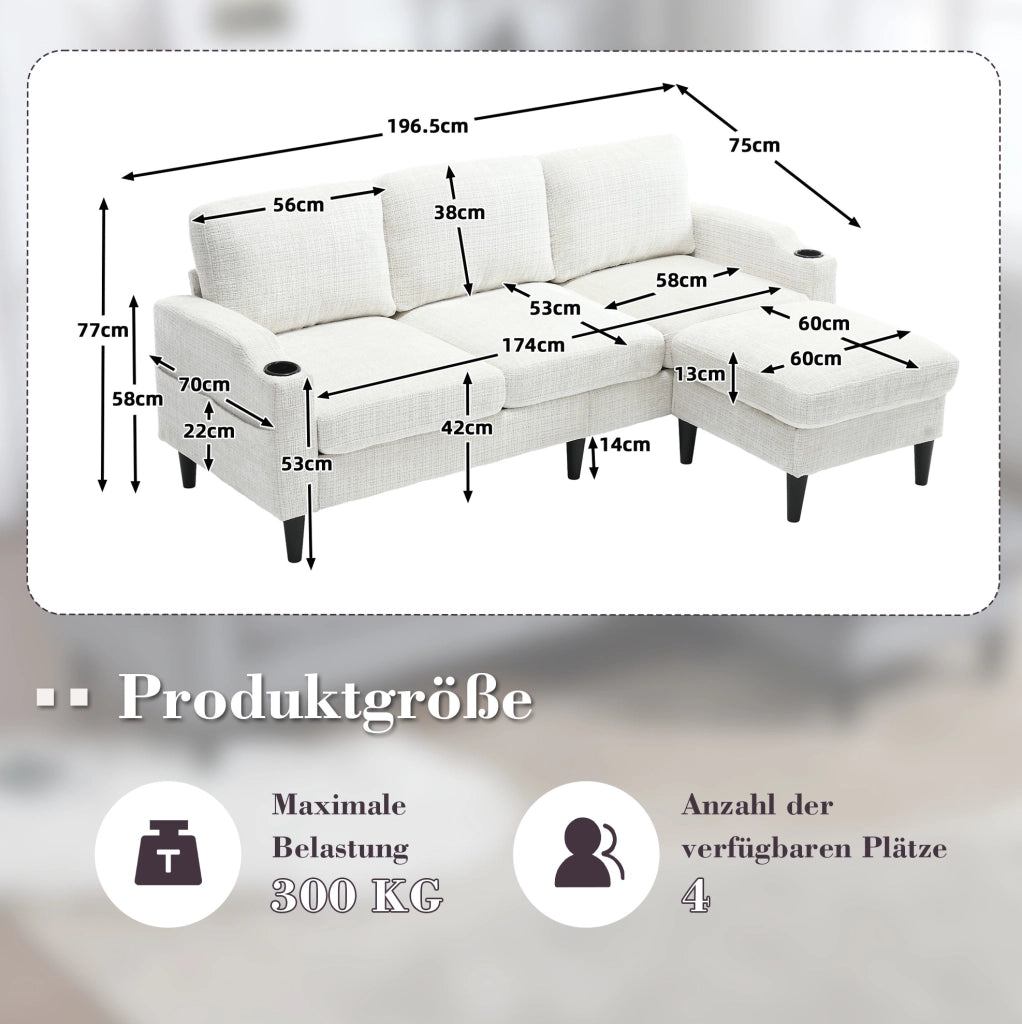 Sofa 4 posti con pouf contenitore in chenille beige; 196;5 x 75 x 77 cm