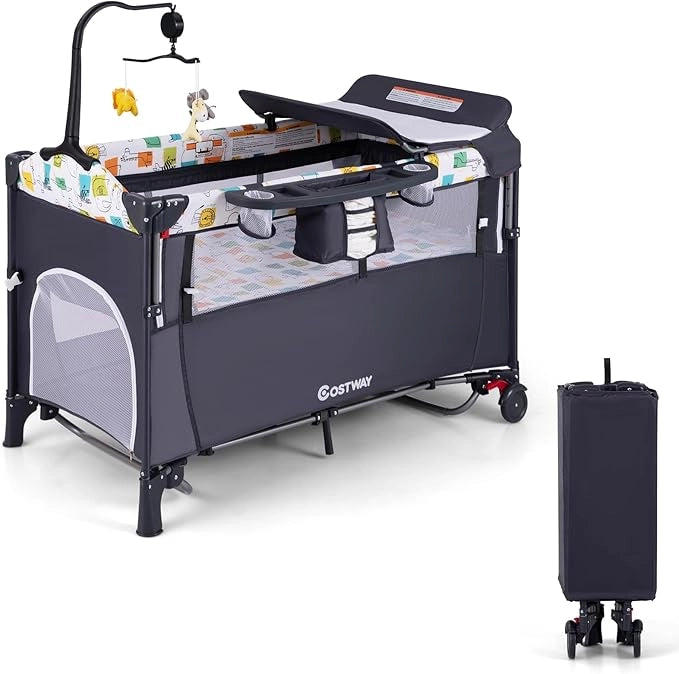 5 in 1 Lettino da Campeggio per Bambini, Lettino con Materasso per Neonato, Culla da Viaggio con Fasciatoio, Altezza Regolabile, Ruote con Freno, per Bambini 0-36 Mesi (Grigio)