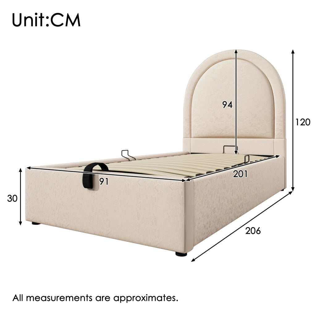 Letto imbottito per bambini 90x200 cm in PU beige con contenitore e rete a sollevamento idraulico