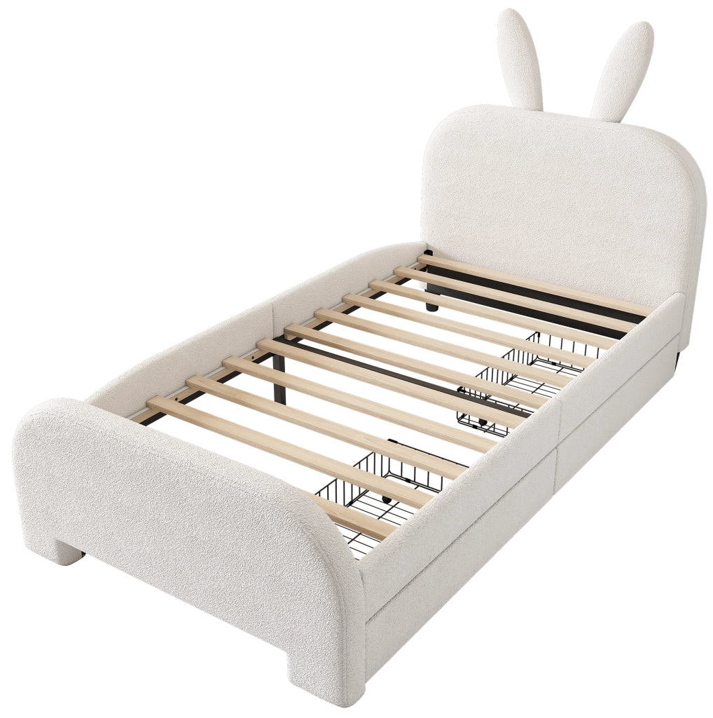 Letto per bambini imbottito 90x200 cm in MDF e lana, design con coniglio, 2 cassetti, bianco