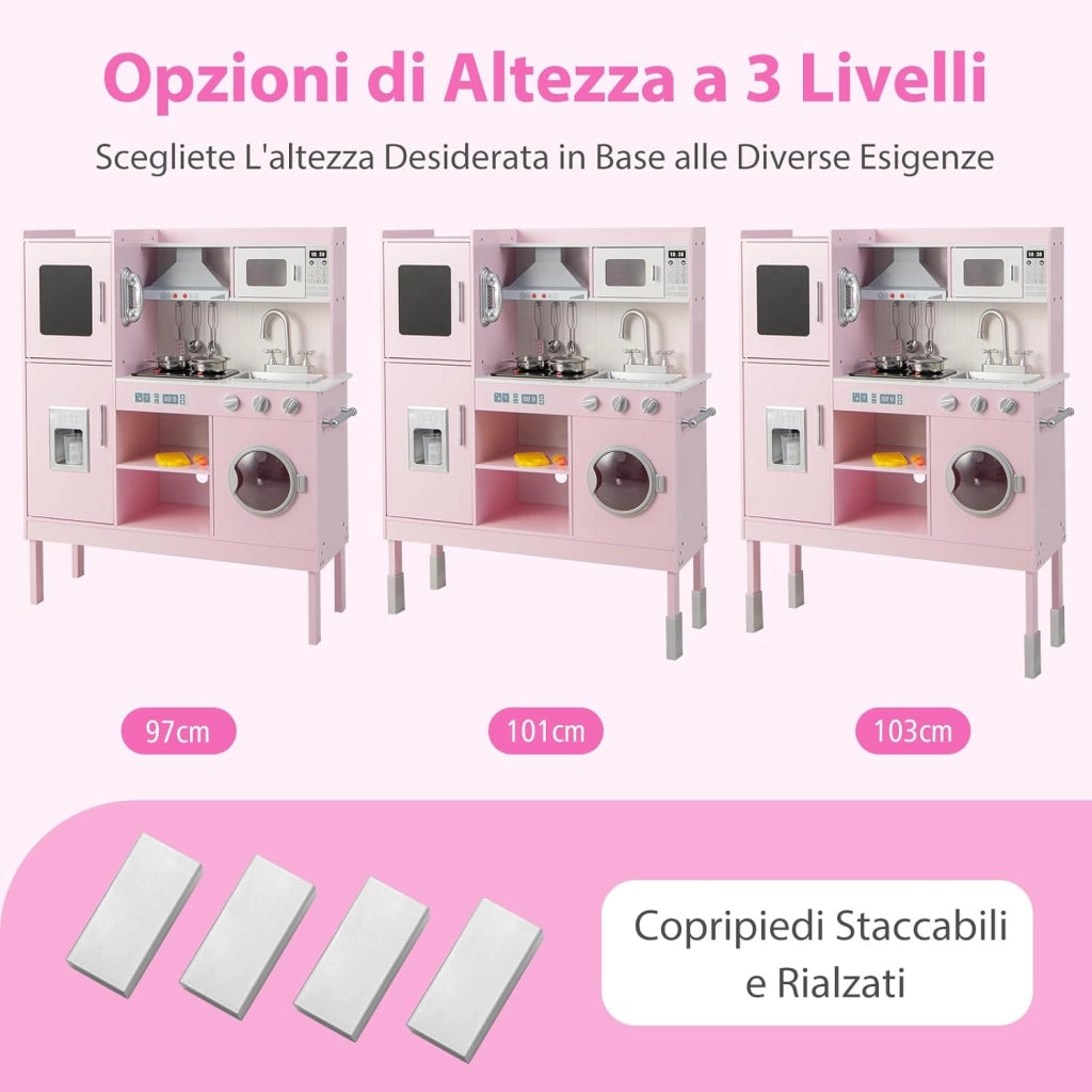 Cucina Giocattolo per Bambini, Cucina Legno per Bambini con Macchina del Ghiaccio, Telefono, Lavatrice, Microonde, Altezza Regolabile, Funzione Luci e Suoni, per Bambini 3+ Anni