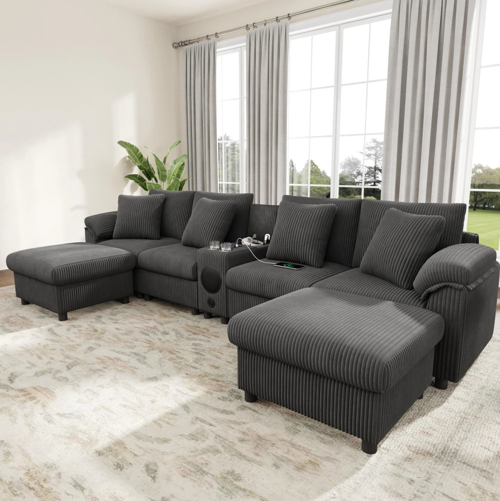 Divano modulare in velluto a coste con console Bluetooth; ricarica wireless USB/Type-C; grigio