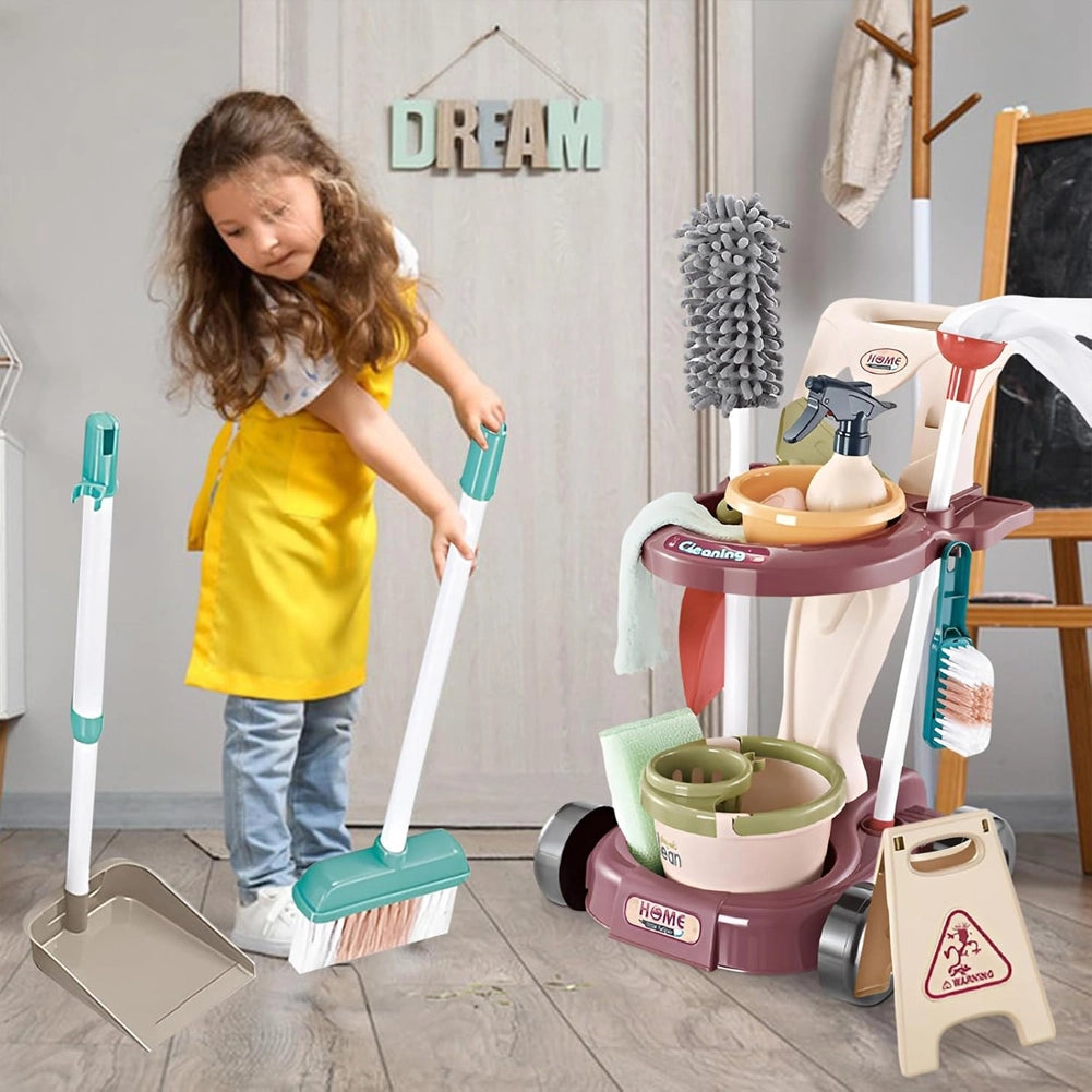Kit di Pulizia per Bambini con Carrello Scopa Paletta Giocattolo Gioco Educativo