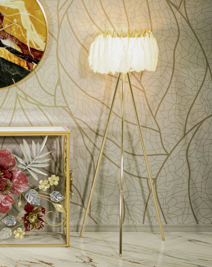 Lampada da Terra Feather Stand Ø46x147 cm in Ferro e Plastica Oro e Bianco