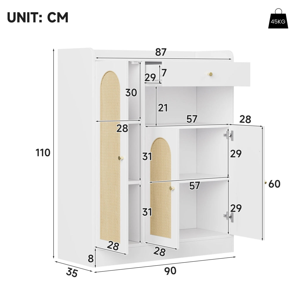 Credenza in stile rattan con 3 ante e ripiani regolabili, bianco e naturale