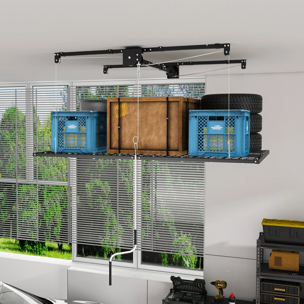 Scaffale sospeso da soffitto con manovella in acciaio nero 120 × 240 cm portata 136 kg per garage alti 3-3.6 m