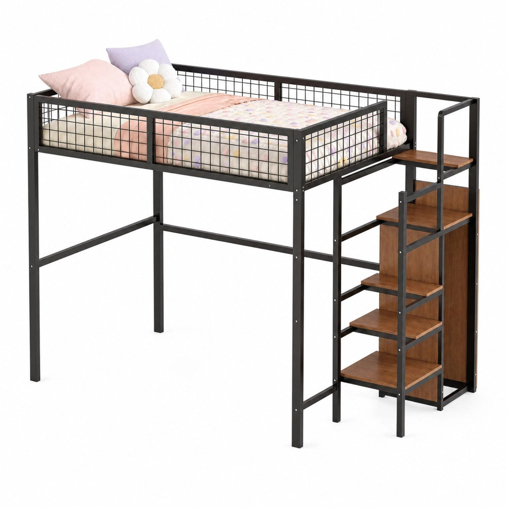 Letto a soppalco 140x200 cm nero con armadio e scala