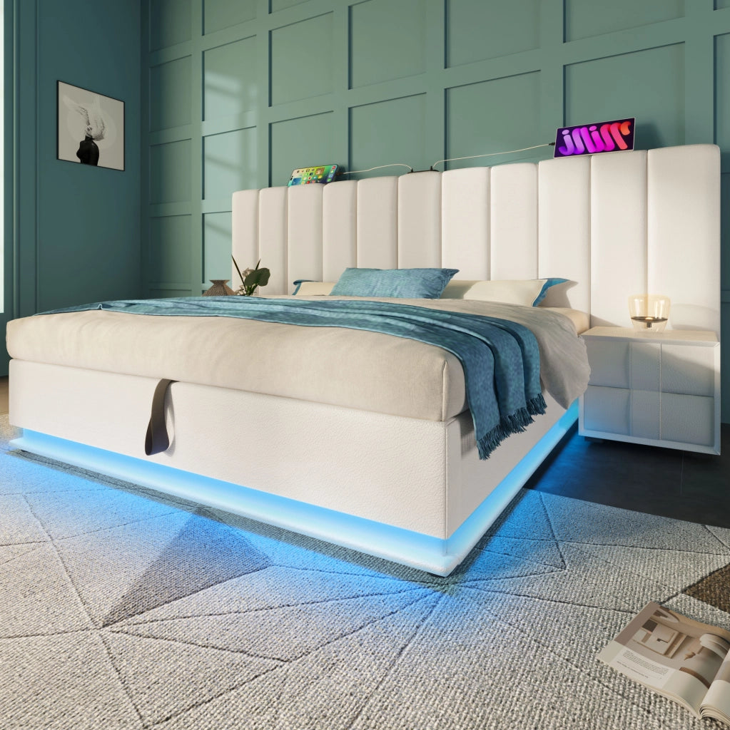 Letto contenitore 160 × 200 cm con LED; app; telecomando e 3 USB + Type-C; PU bianco