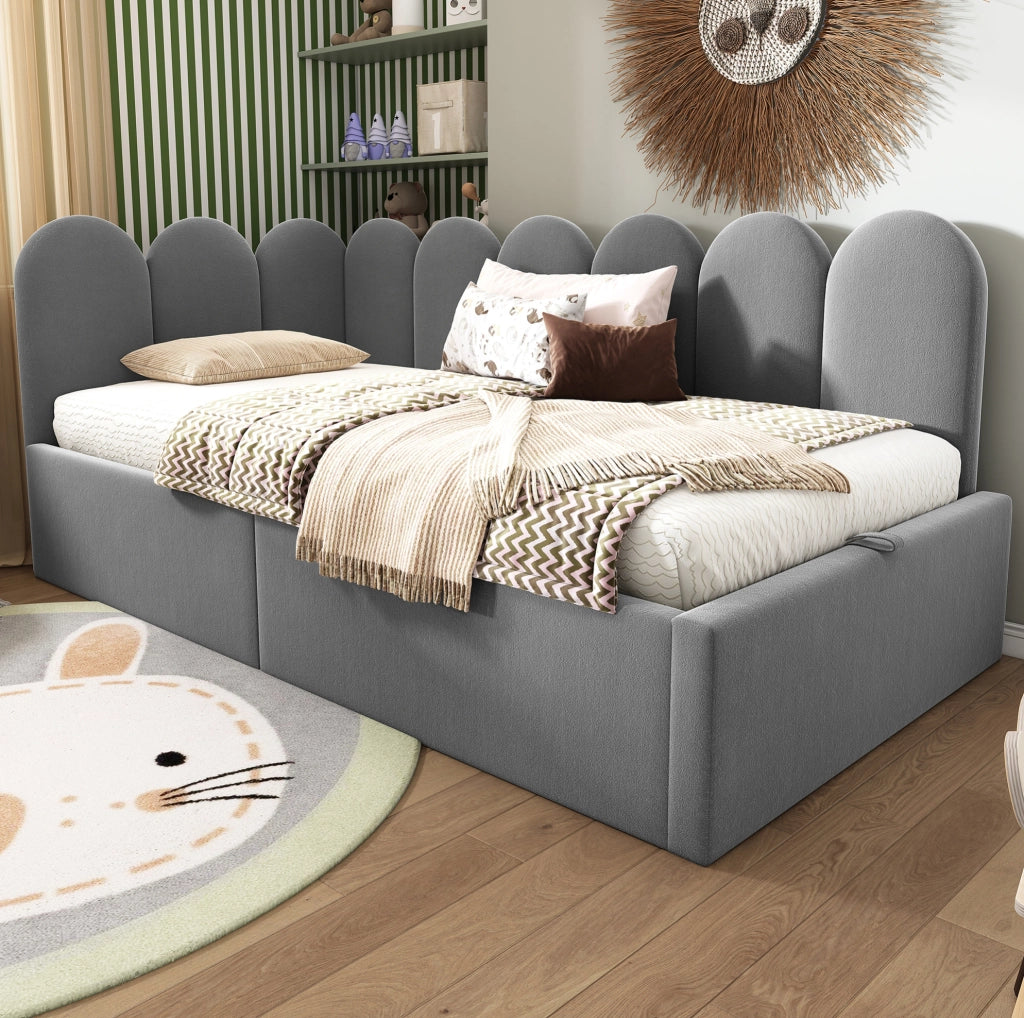 Letto singolo in velluto grigio 90x200 cm con contenitore idraulico