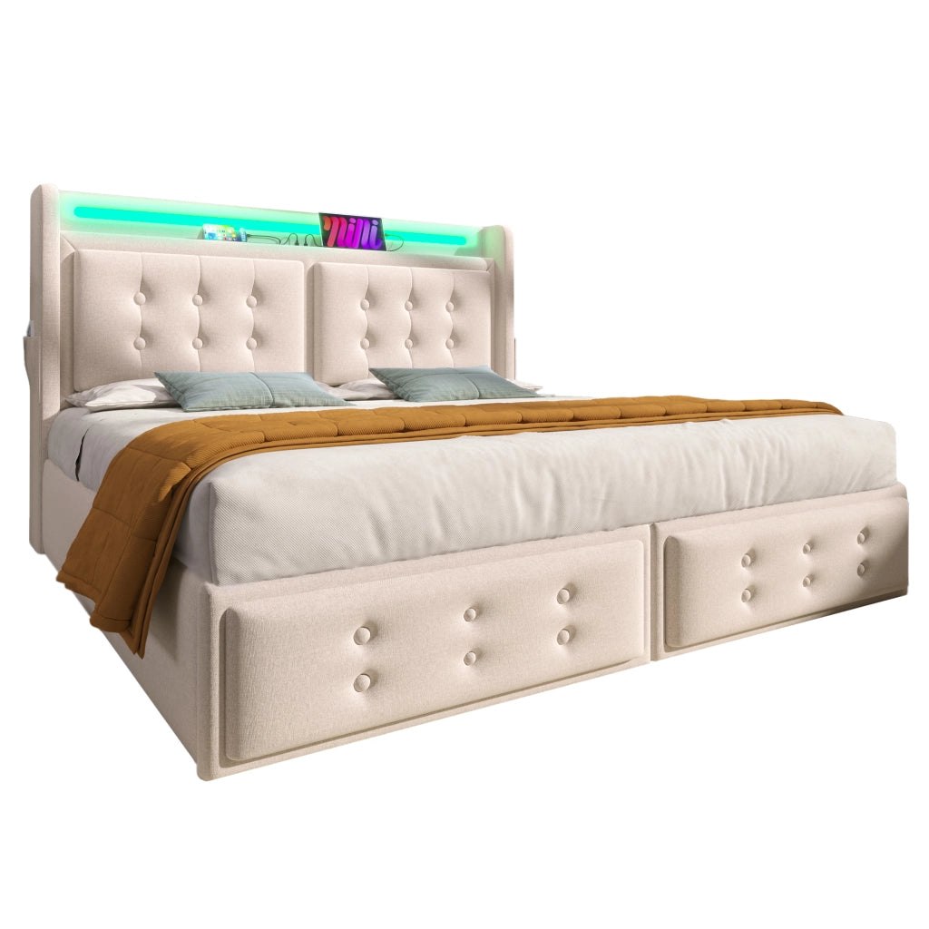 Letto Contenitore 140x200 cm; LED; USB e Type-C; 4 Cassetti; in Cotone e Metallo; Beige