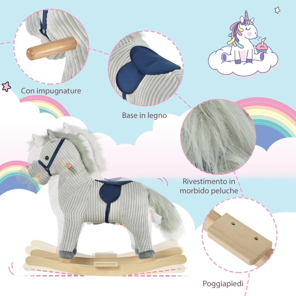 Cavallo a Dondolo per Bambini in Legno e Peluche Grigio