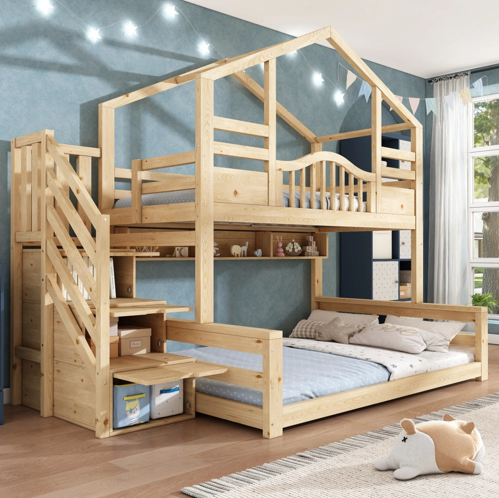 Letto a castello in legno 90x200/140x200 con scala contenitore e ripiani