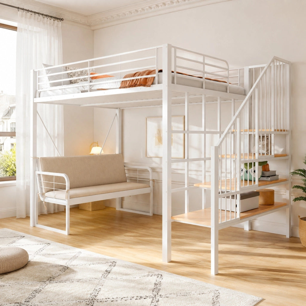 LETTO A CASTELLO 140x200 cm in metallo e MDF bianco con scala contenitore
